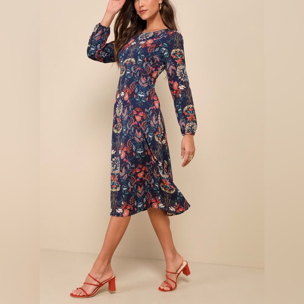I. Madeline Garden Splendor Navy Blue Floral Print Long Sleeve Midi Dress Sz S